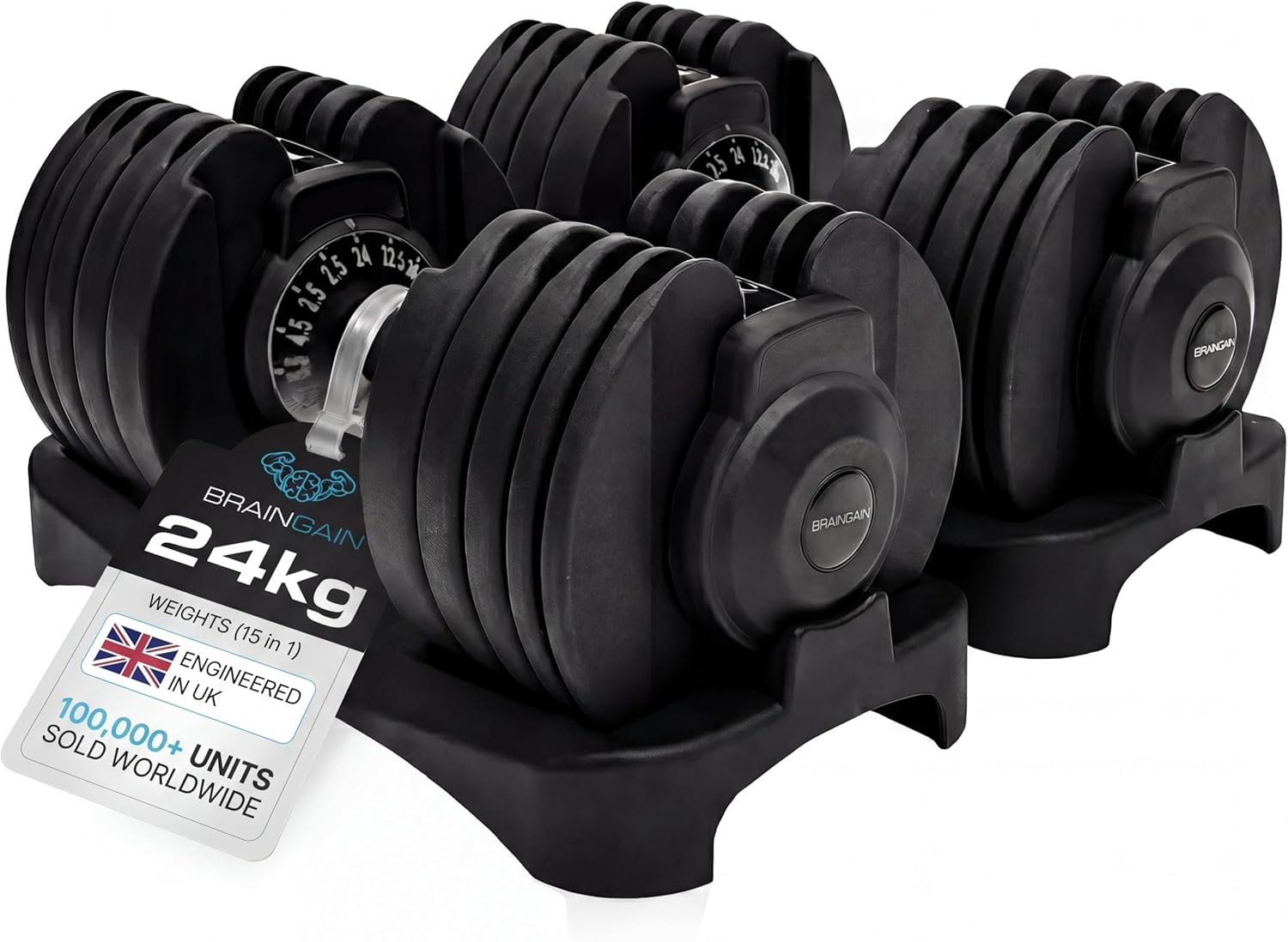 BrainGain 15-in-1 Adjustable Dumbbells 24kg Pair on storage dock